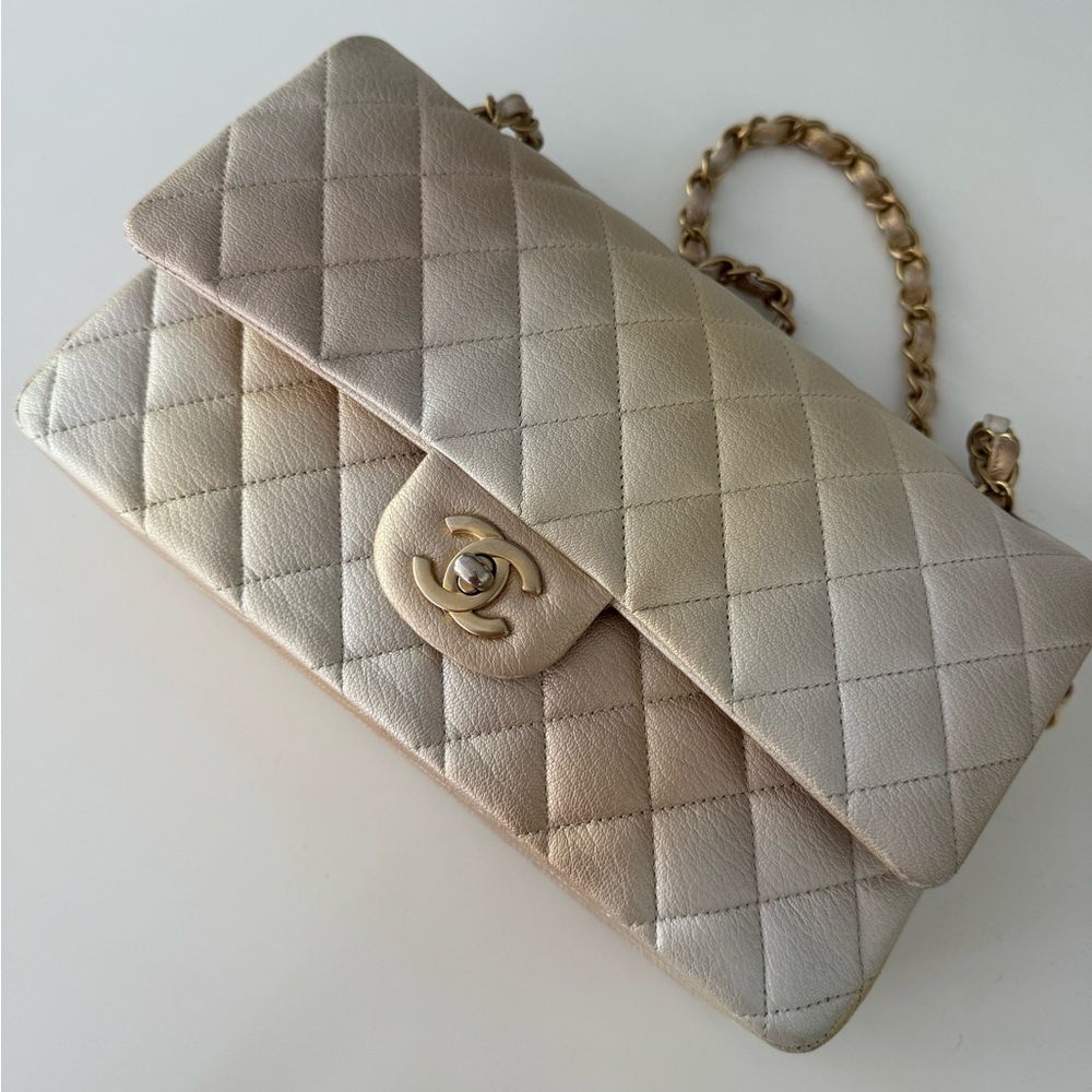 CHANEL medium double flap metallic beige ombre bag